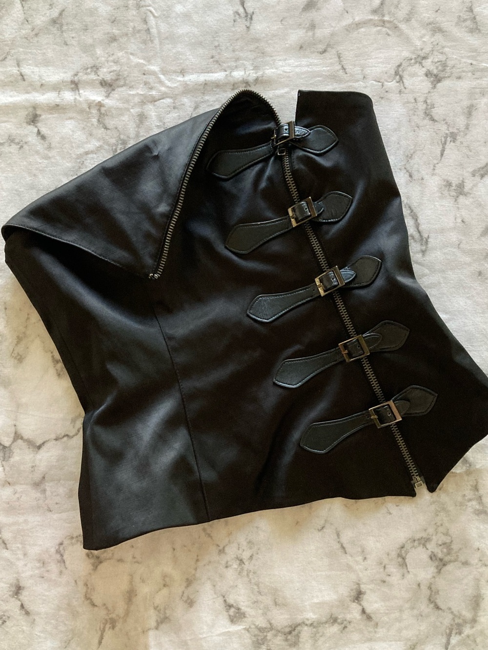 bebe Black satin  Buckle  and Zip Corset Top strapless